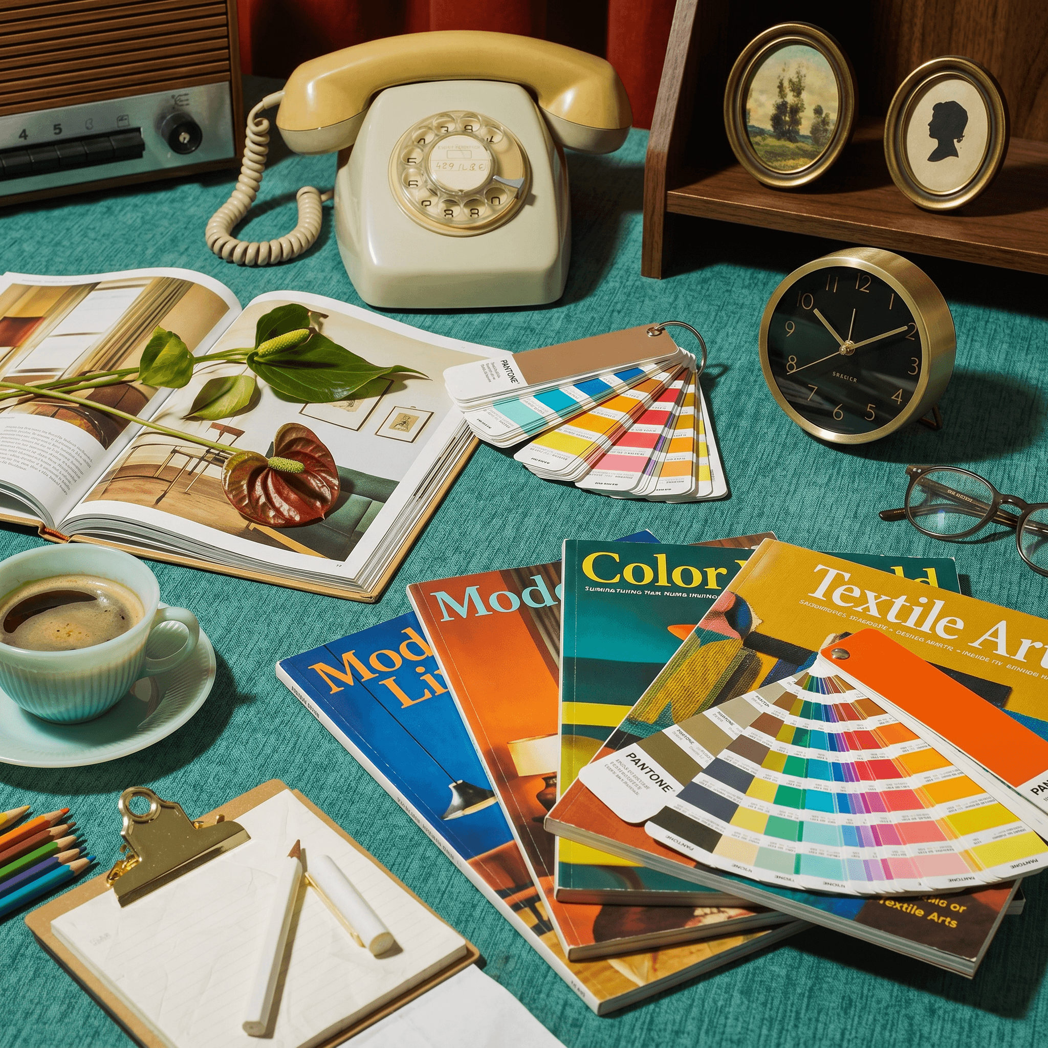 Studio still life with a phone, swatches, notebooks, and art direction references