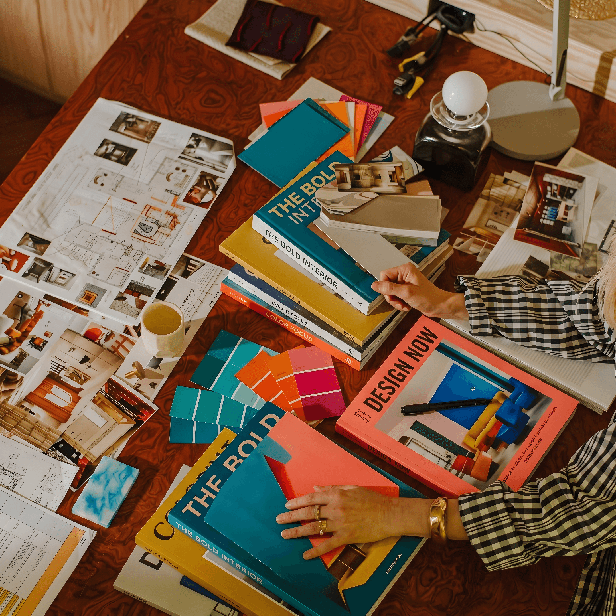Creative desk with books, materials, and hands working through ideas